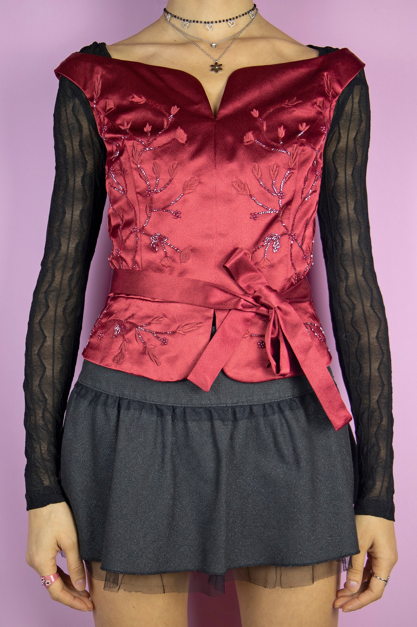 Vintage 90's Maroon Beaded Sleeveless Top - L