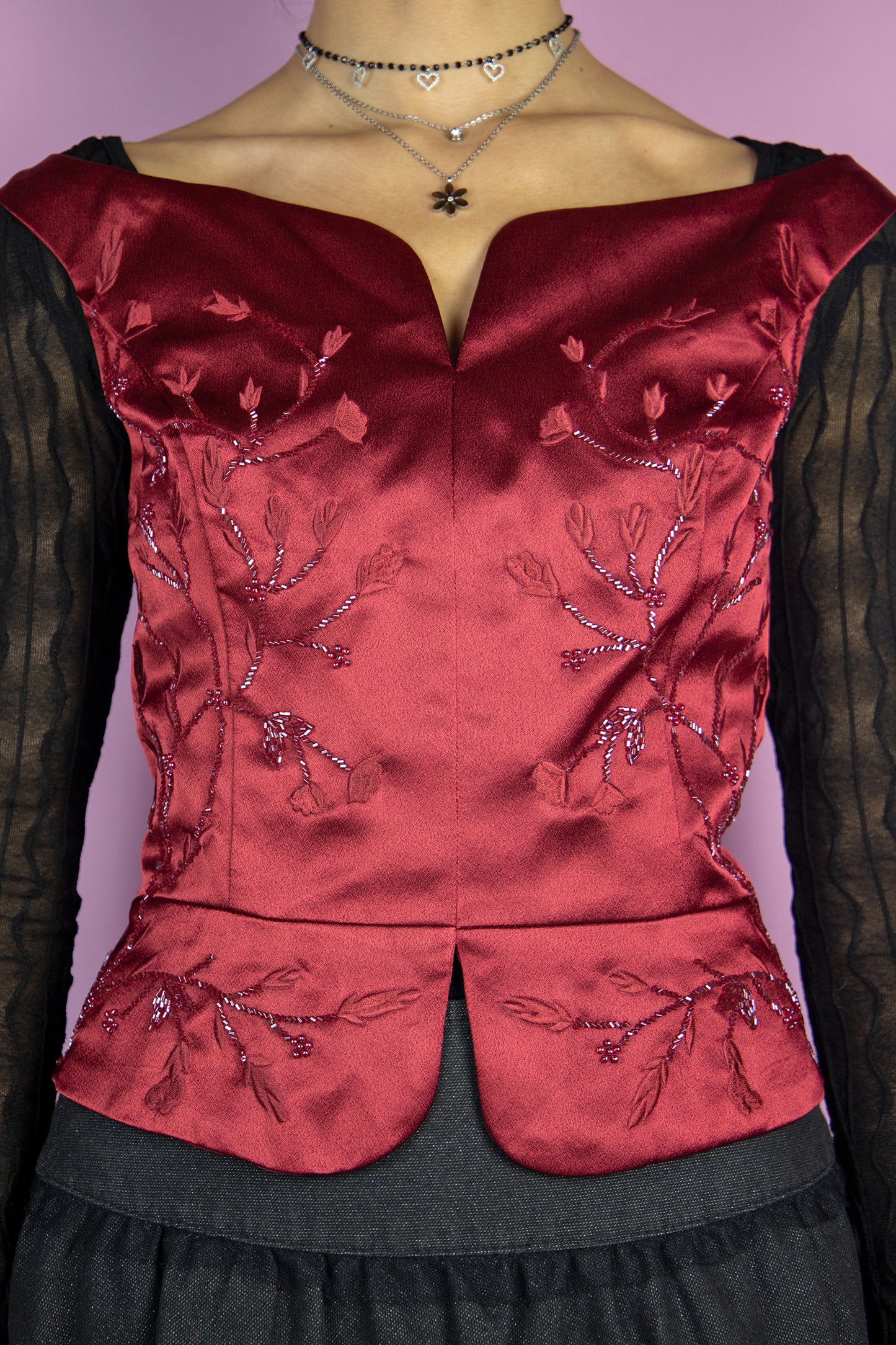 Vintage 90's Maroon Beaded Sleeveless Top - L