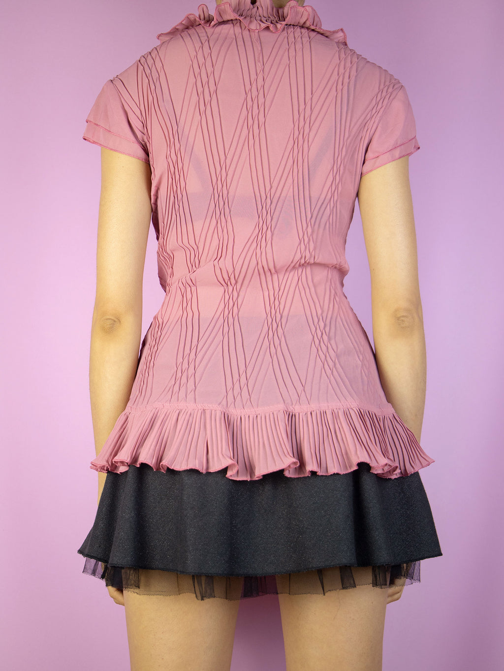 Vintage 90s Pink Ruffle Sheer Sleeveless Blouse – Size L