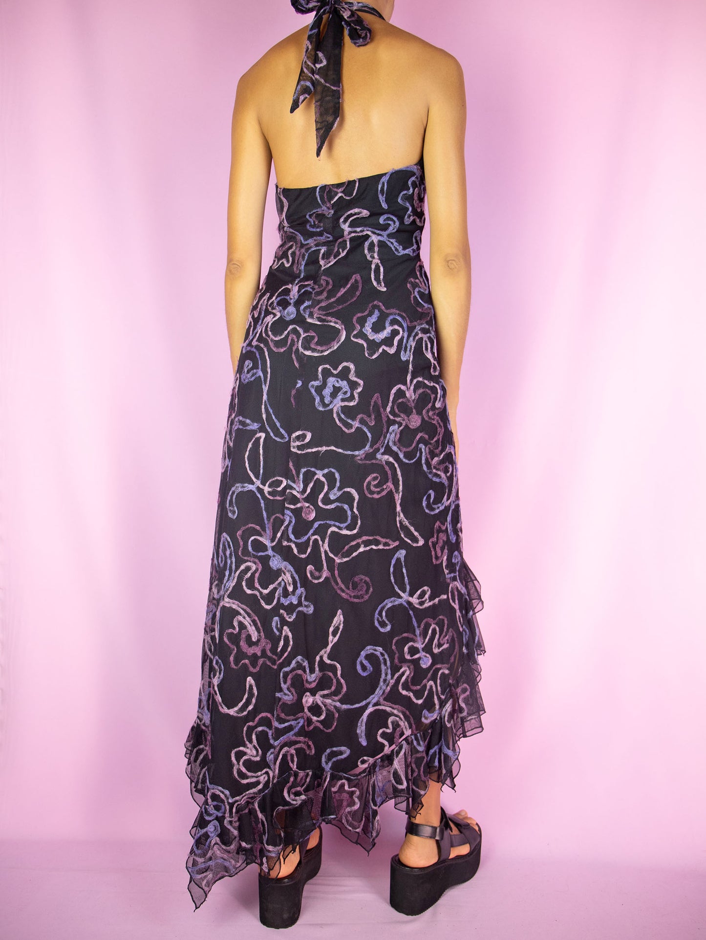 Vintage 90s Black Mesh Halter Dress - M