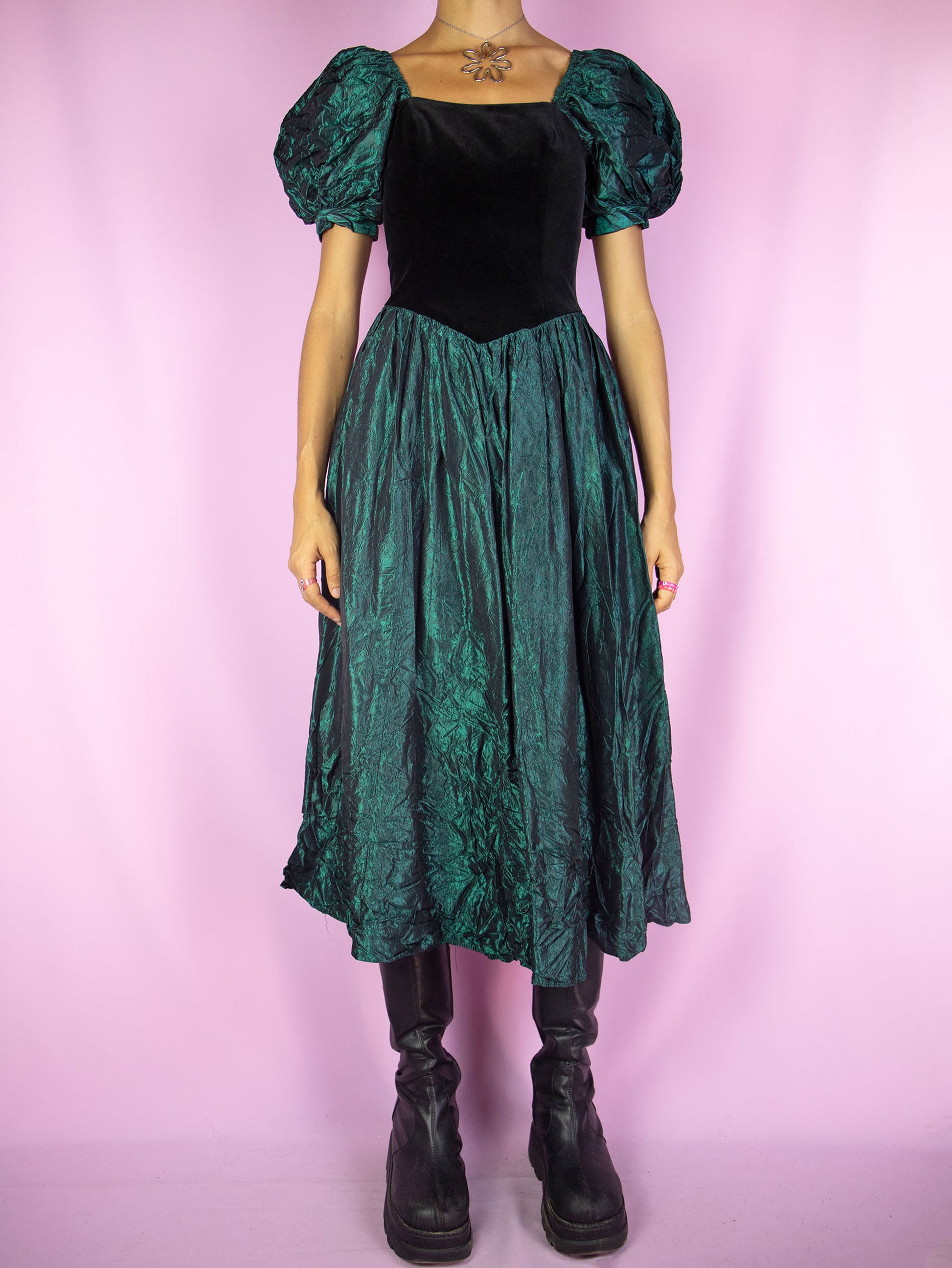 The Vintage 90s Puff Sleeve Midi Dress is an iridescent green flared dress with puff sleeves, black velvet front and back zipper closure. Cottage regency inspired 1990s dark romantic whimsygoth maxi dress.
