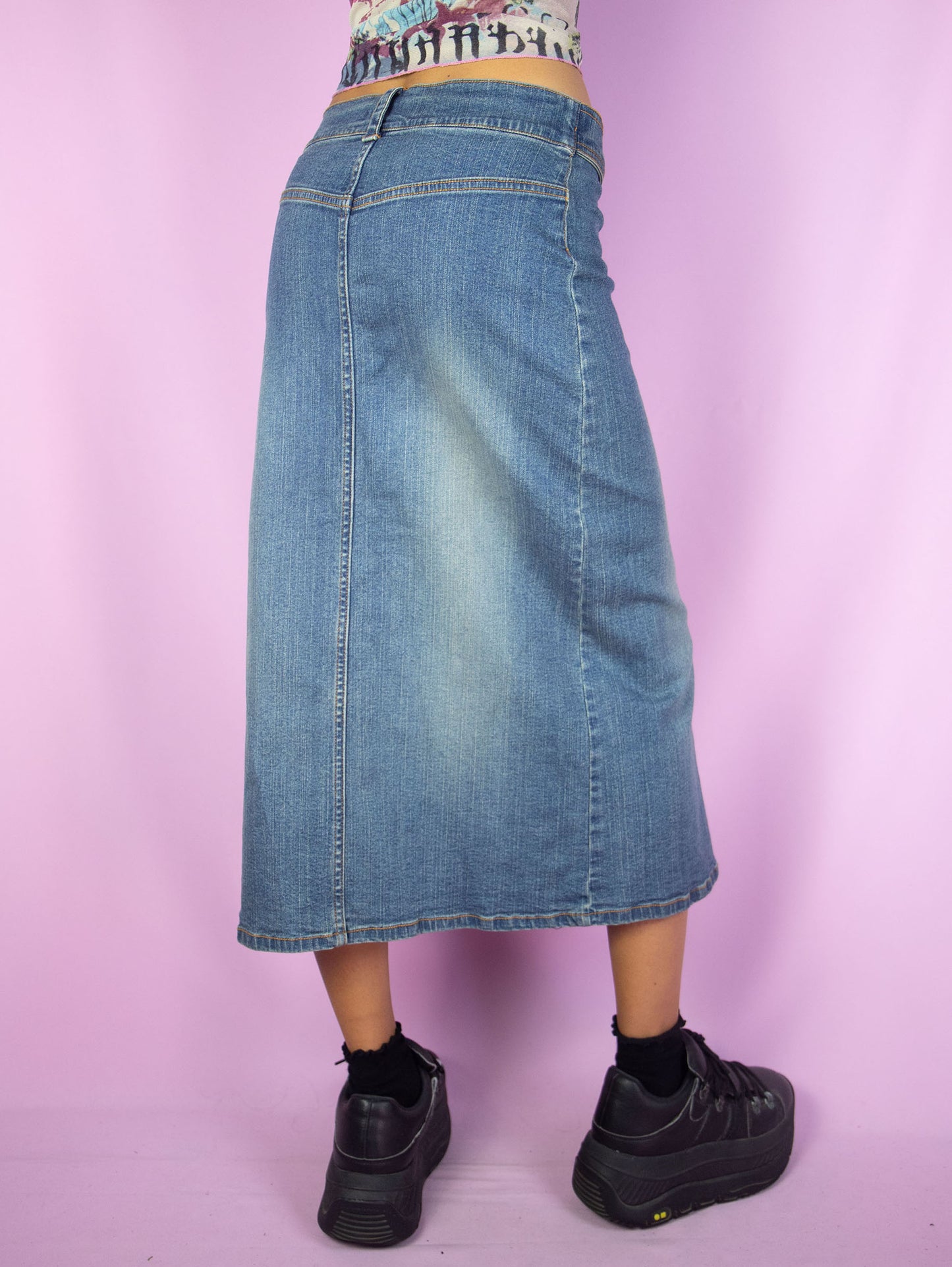 Vintage Y2K Denim Front Slit Midi Skirt - Size S