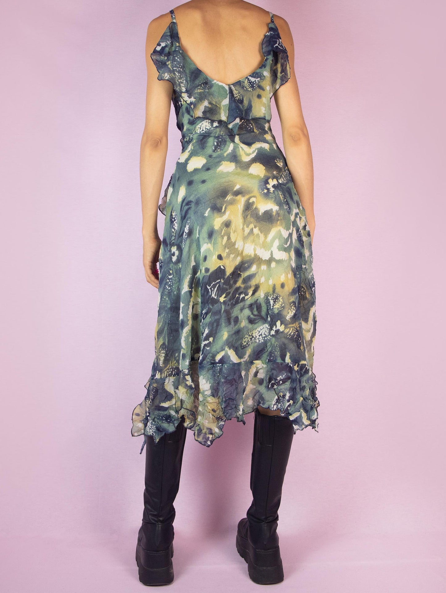 Vintage Y2K Asymmetrical Ruffle Midi Dress – Size M