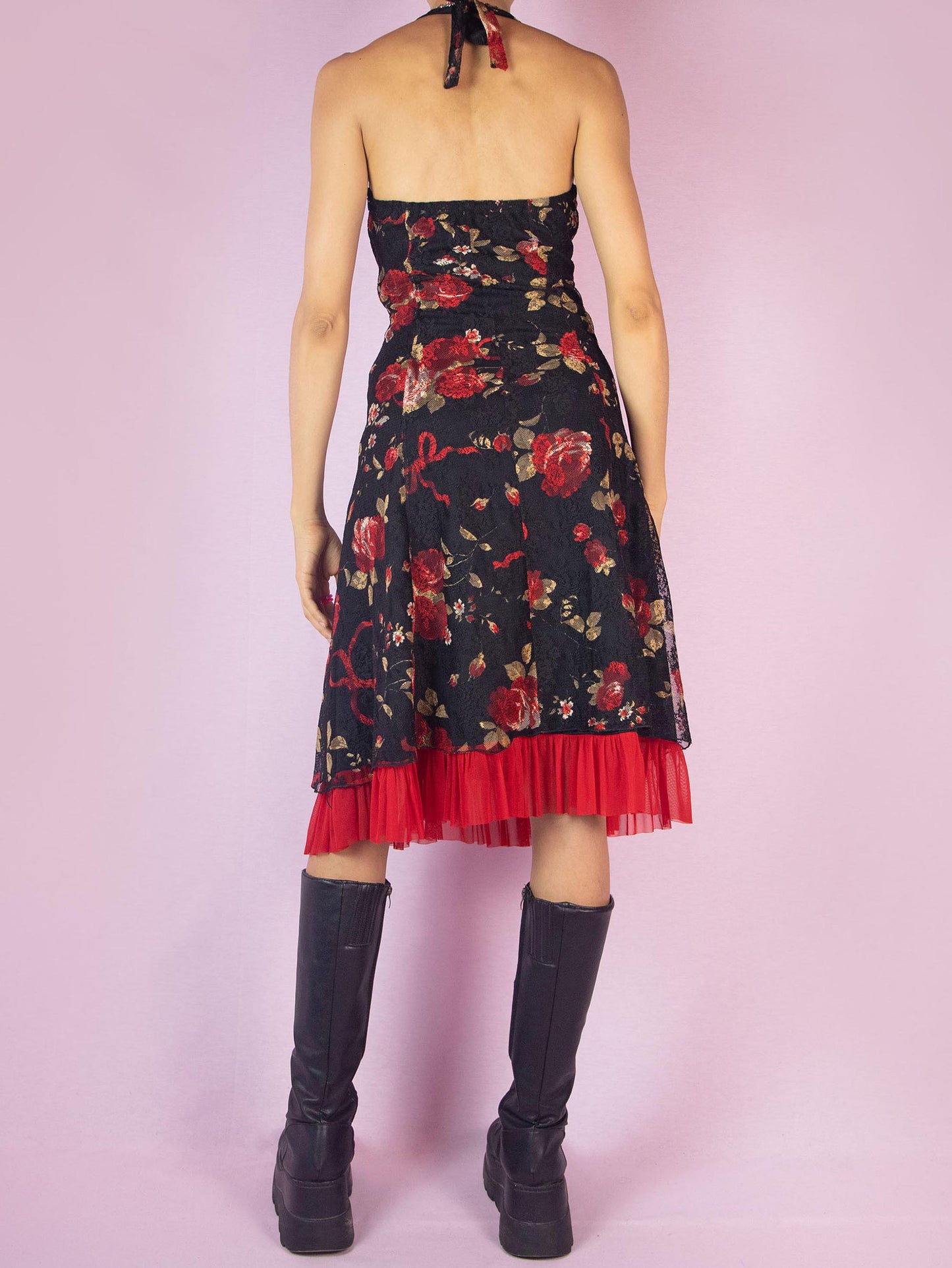 Vintage Y2K Black Halter Lace Rose Print Mesh Midi Dress – Size S