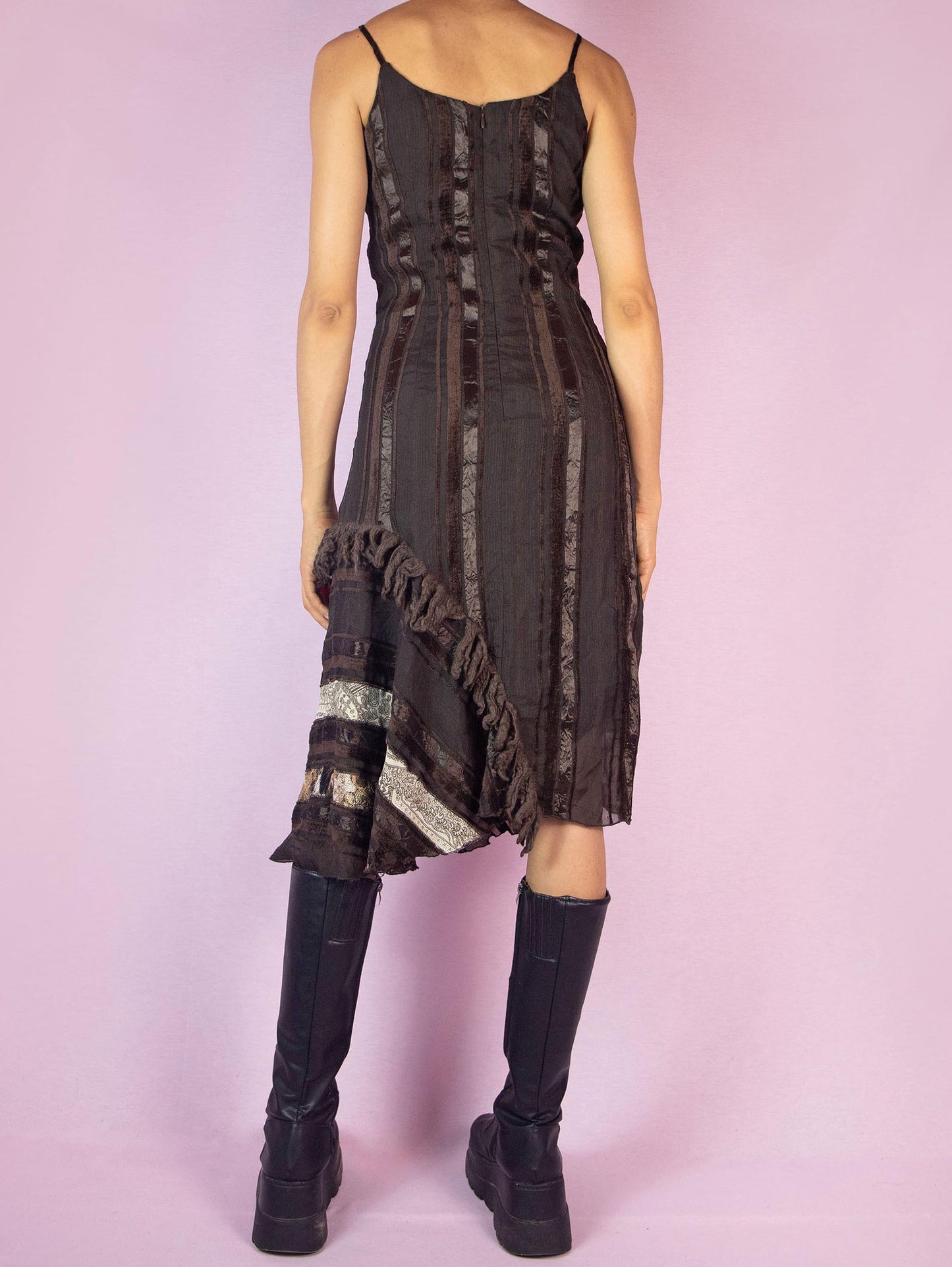 Vintage Y2K Brown Asymmetric Midi Dress – Size S