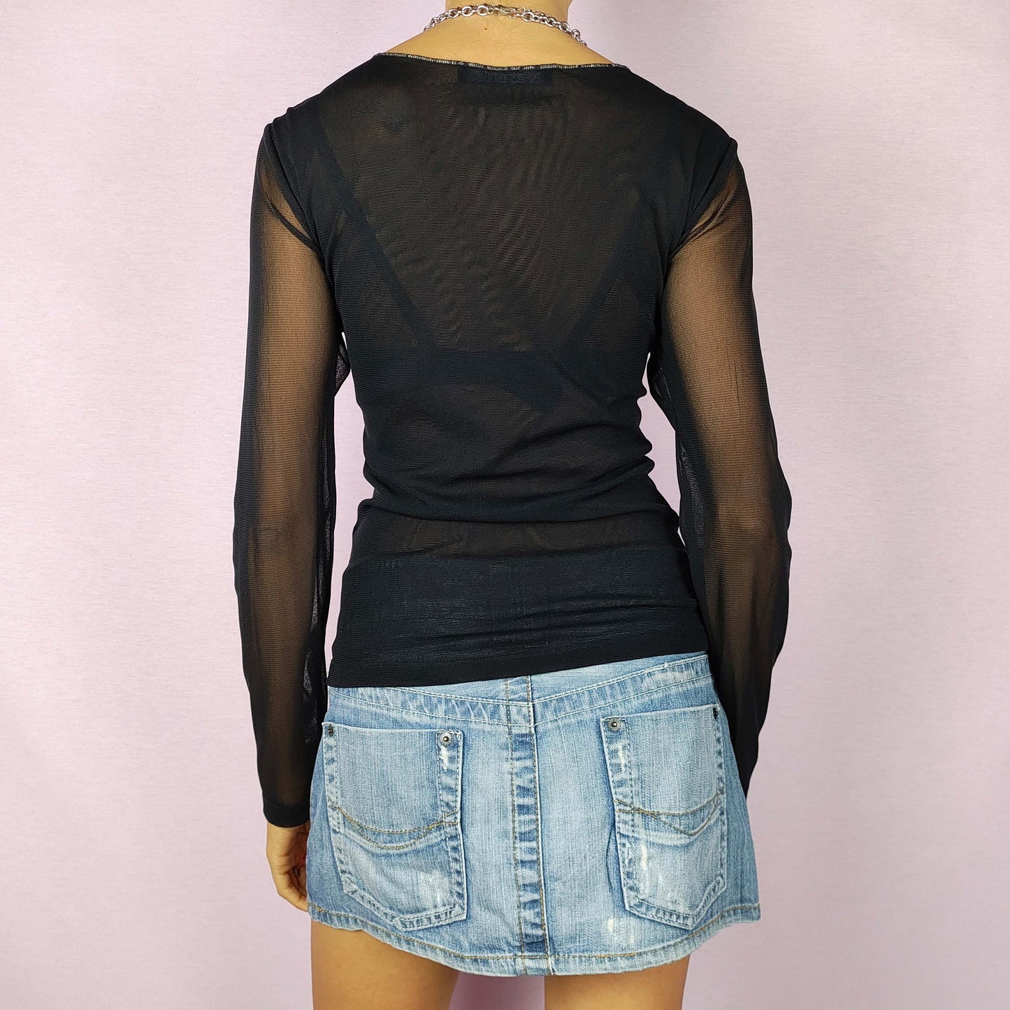 Vintage Y2K Black Graphic Print Mesh Top - Size M