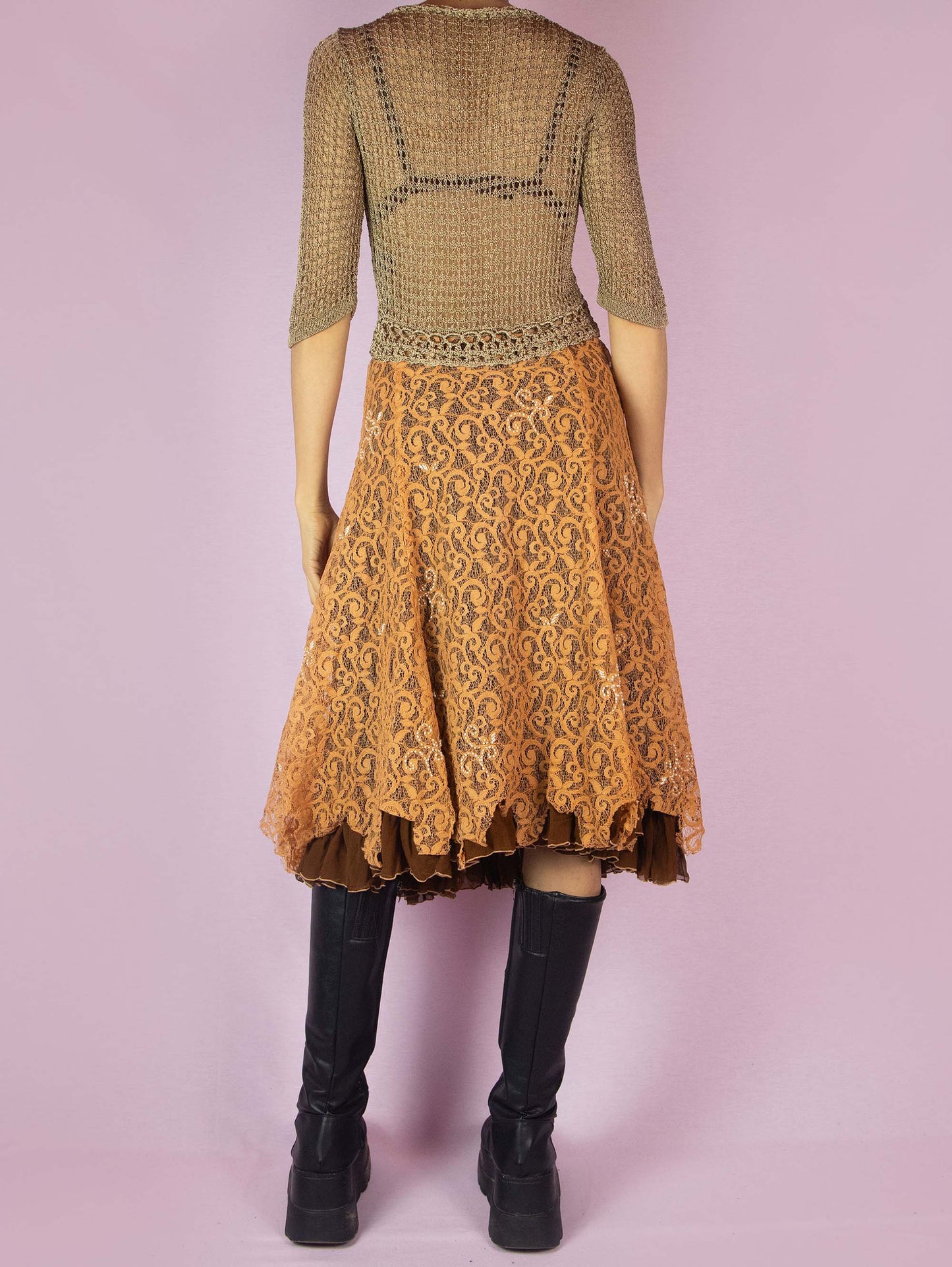 Vintage Y2K Lace Layered Midi Skirt - Size S
