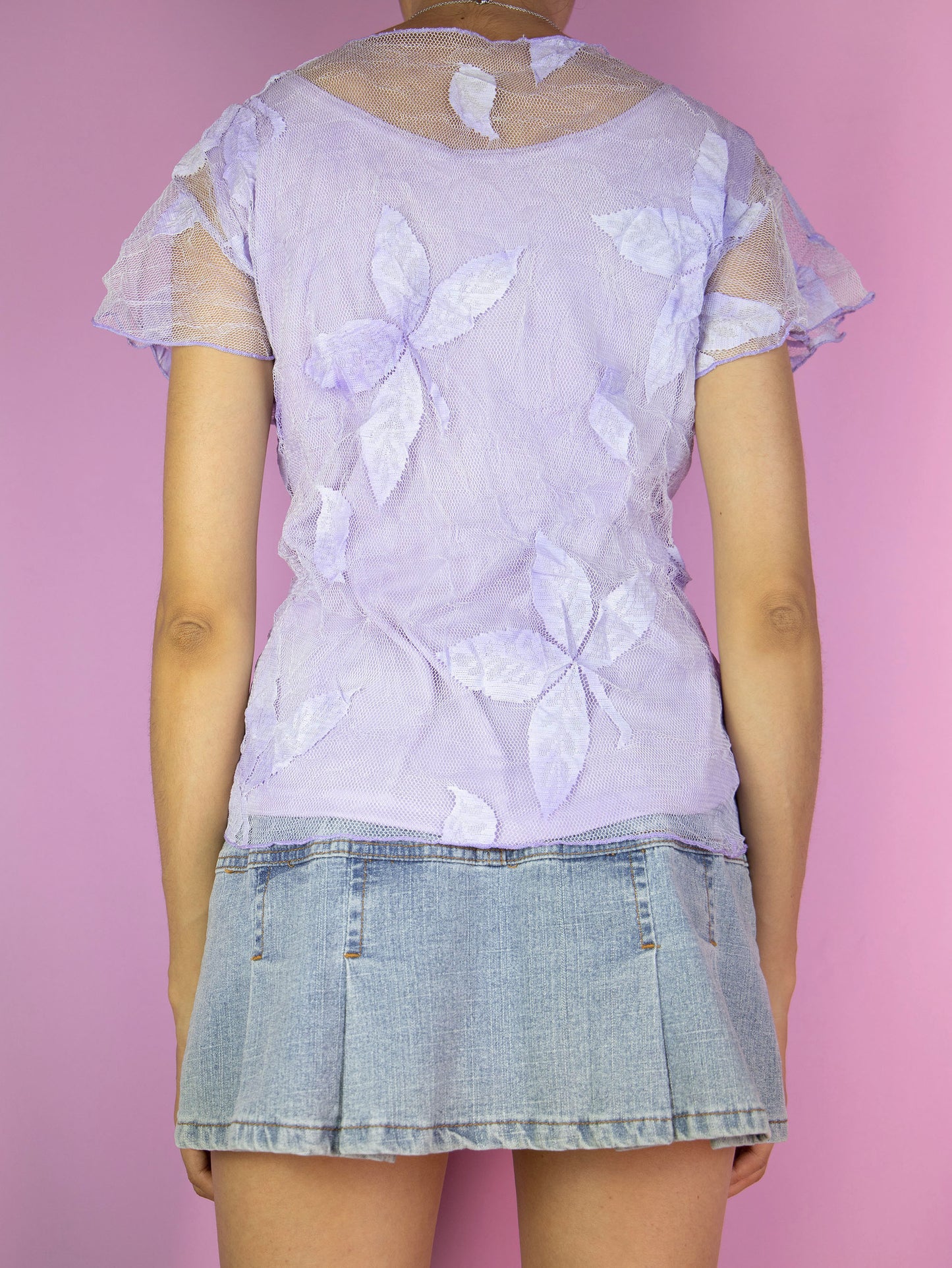 Vintage Y2K Lilac Lace Mesh Sheer Top - Size L