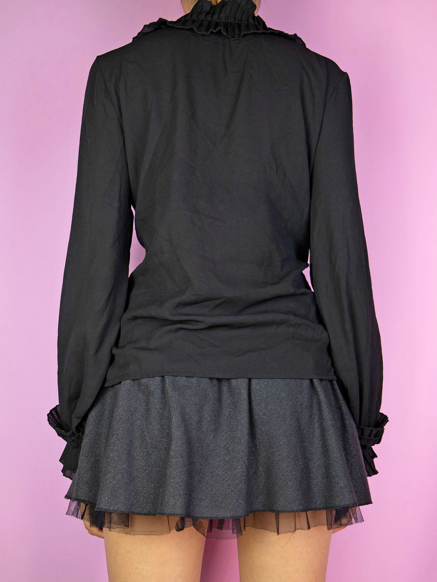 Vintage Y2K Black Ruffle Frill Blouse, Long Sleeves - Size M