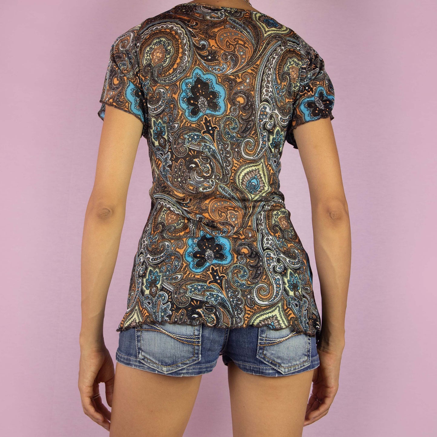 Vintage Y2K Mesh Print Cowl Neck Top, Sheer - Size M