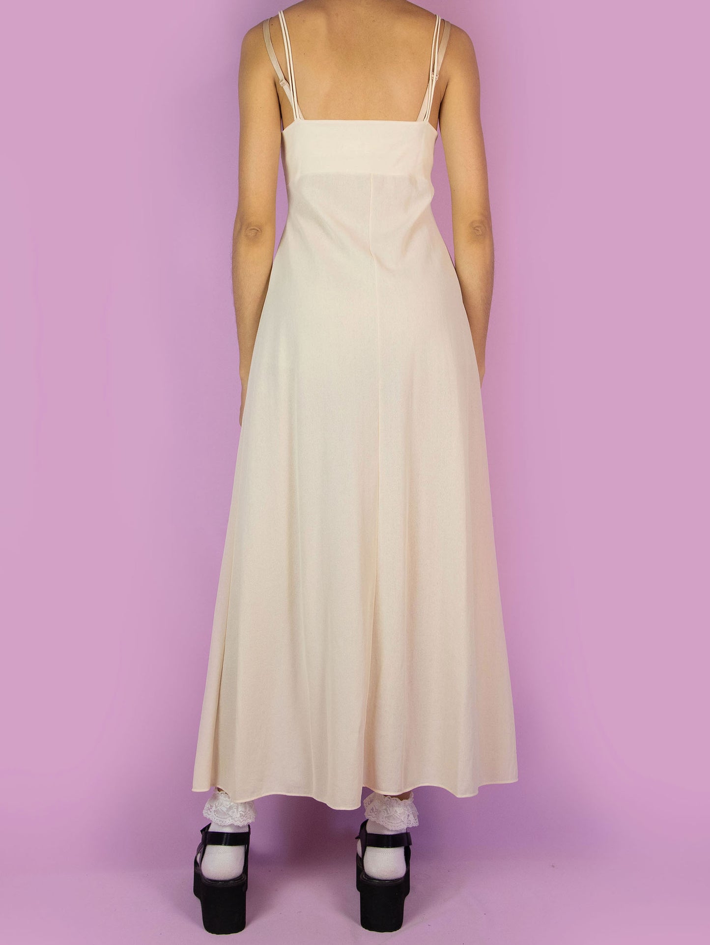 Vintage 90s Beige Lace Slip Maxi Dress - Size M