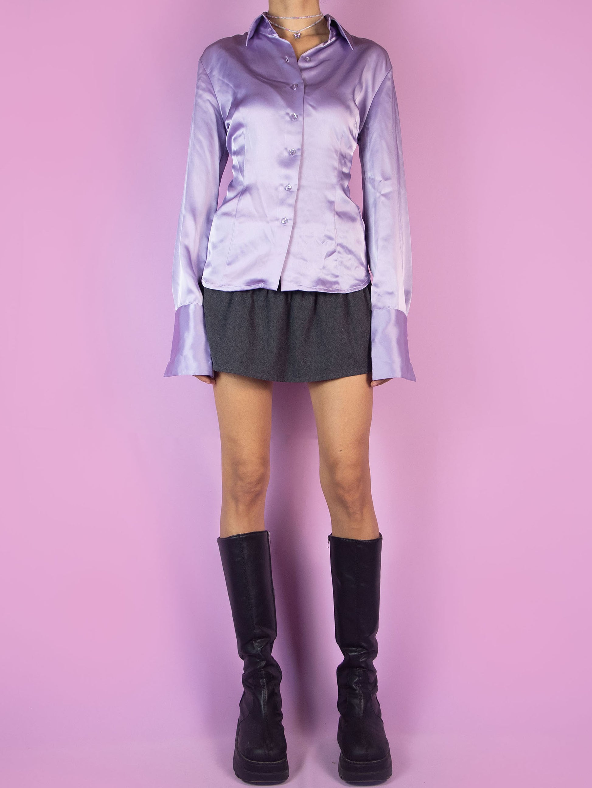 The Y2K Purple Satin Blouse is a fitted shirt with a collar and buttons. Elegant preppy 2000s office work blouse.