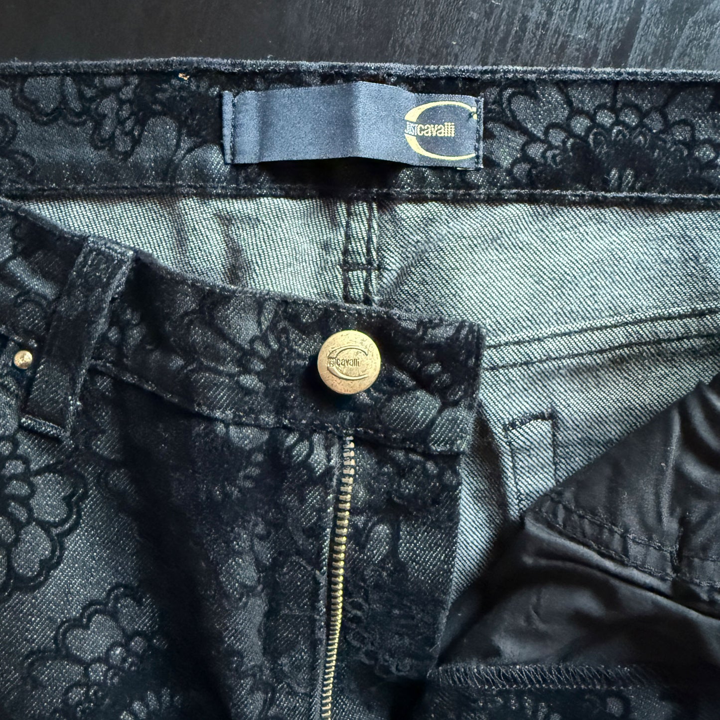 Vintage Y2K Black Velvet Floral Brocade Straight Cavalli Jeans – Size S