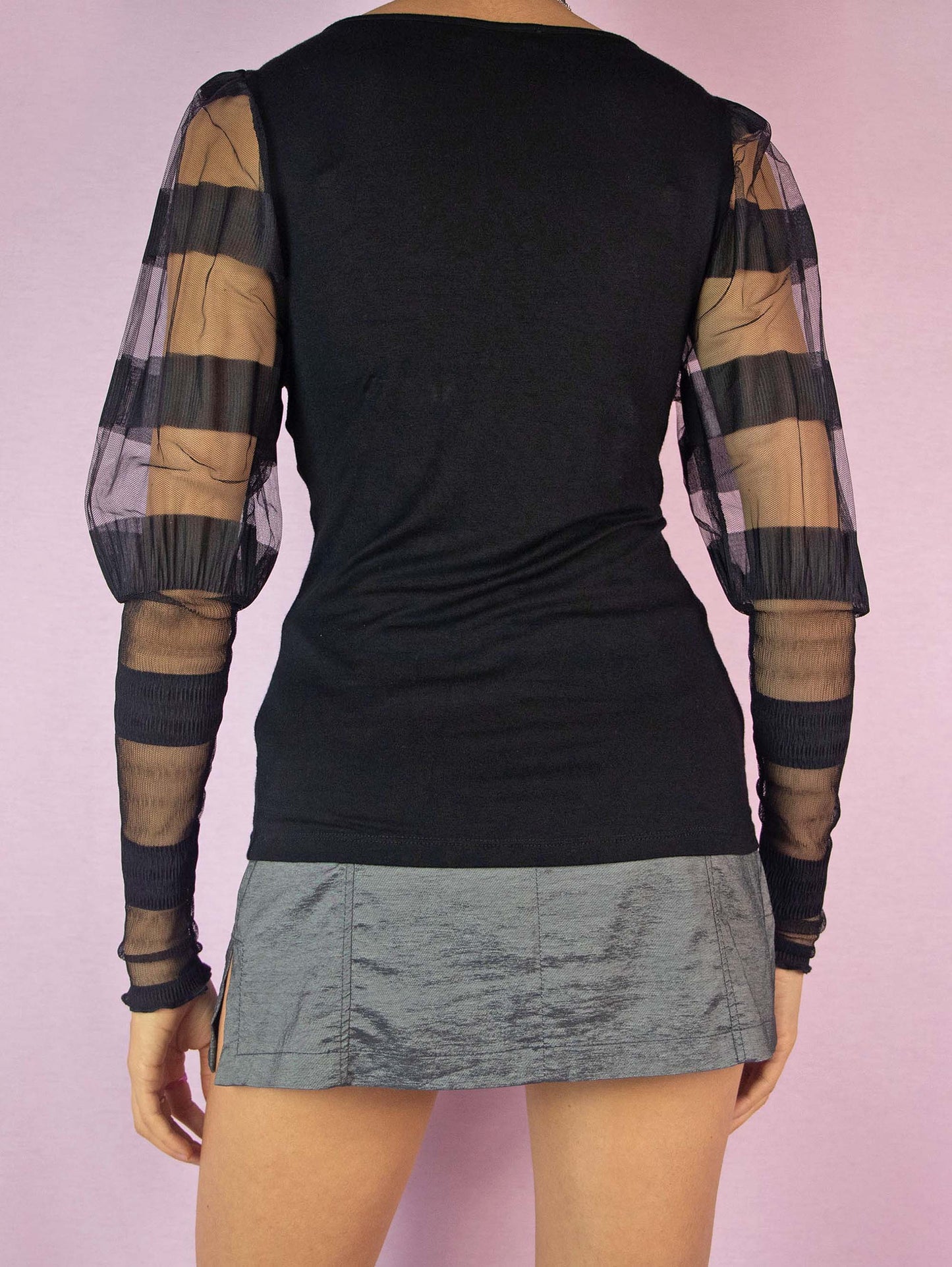 Vintage Y2K Black Puff Sleeve Sheer Top - Size M