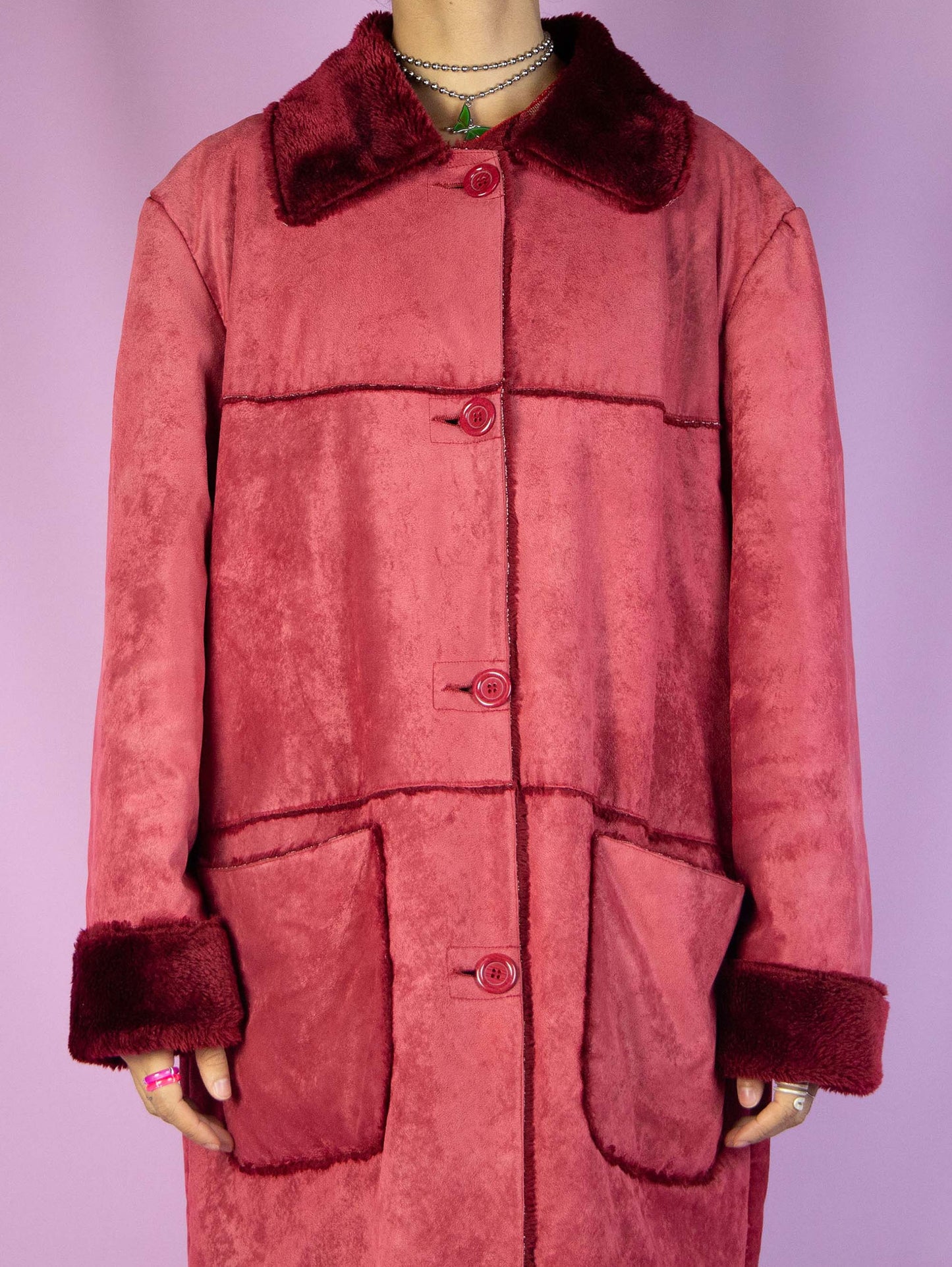 Vintage Y2K Red Faux Fur Coat – Size XL