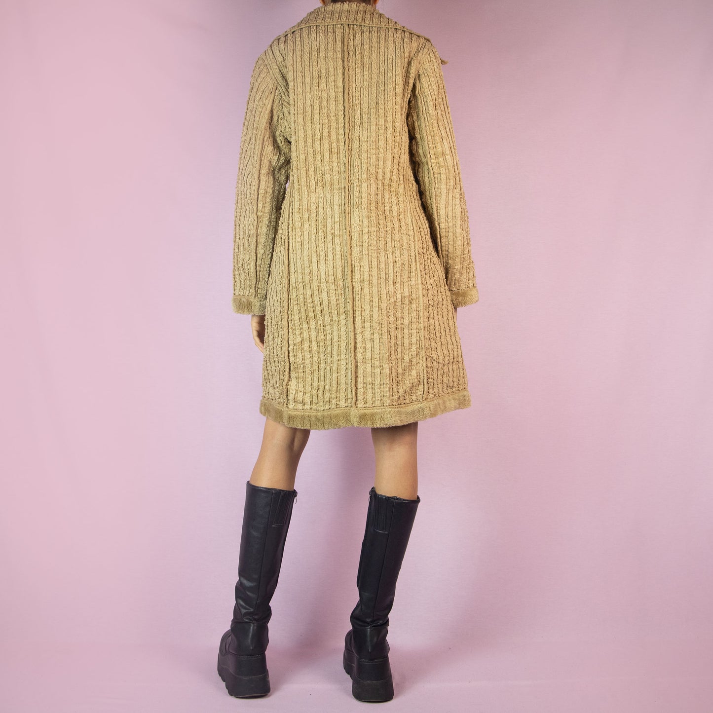 Vintage Y2K Beige Faux Fur Long Coat - Size L