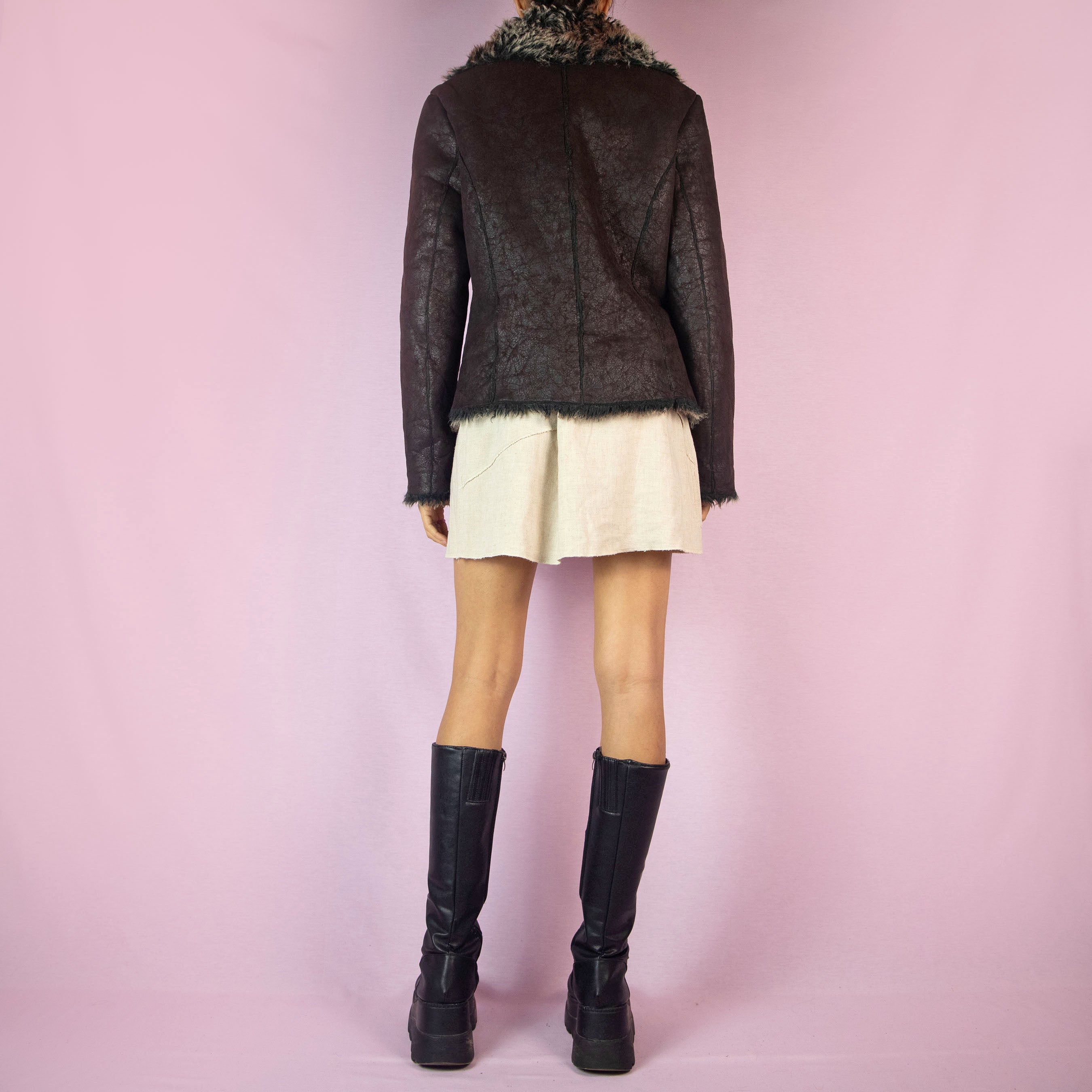 Vintage Y2K Faux Fur Leather Penny Lane Brown Jacket – Size M