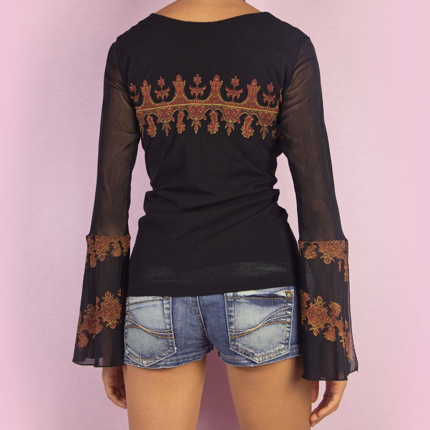 Vintage Y2K Black Mesh Bell Sleeve Top – Size M
