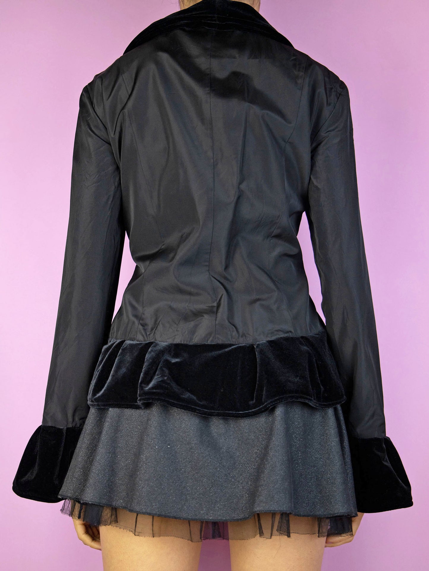 Vintage 90s Black Ruffle Velvet Jacket, Bell Sleeves - Size M