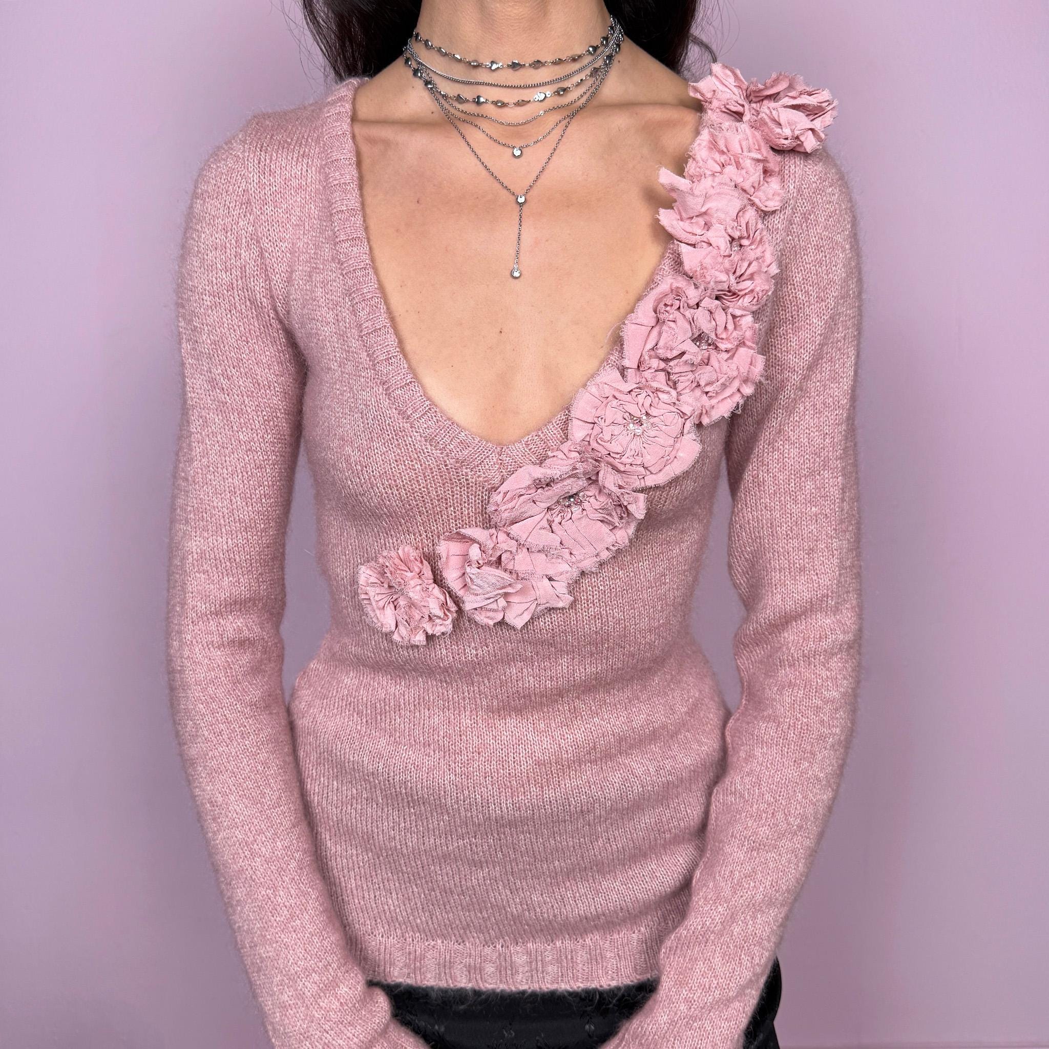 【クレージュ】（9R） 90s OLDCOURREGES y2k ニットピンク Womens Love Heart Cardigan Girl Valentines Day Outfit Long Sleeve