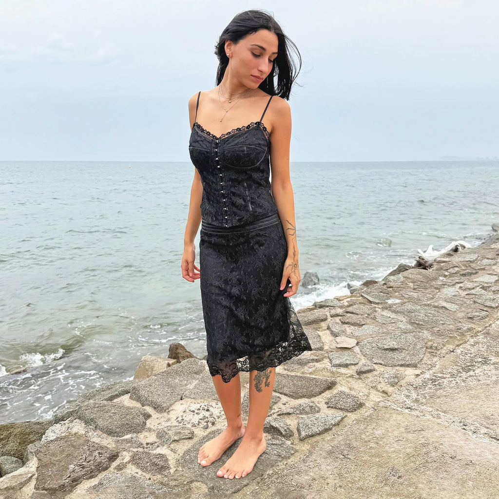 Vintage 90s Black Lace Corset Top Midi Skirt Set – Size S – Wanda Core