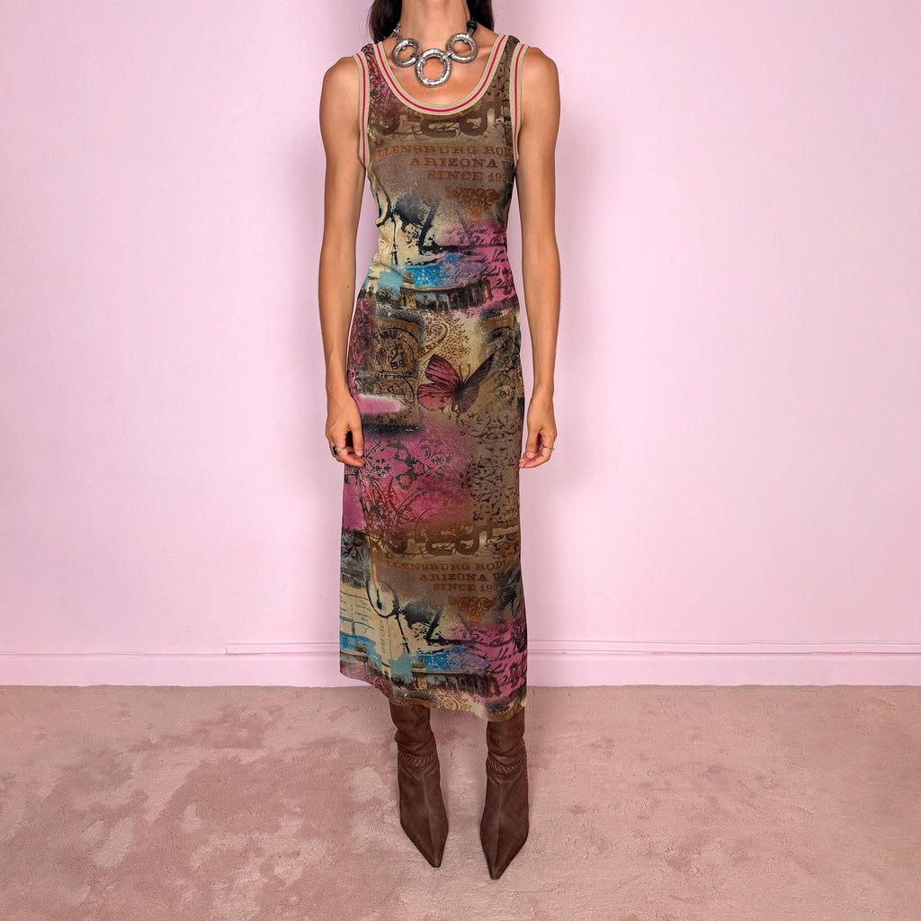 Vintage 2000s fitted sleeveless midi dress in stretchy mesh with a dark mesh lining for a softly sheer layered effect. Featuring a richly layered graphic print in brown, pink, blue, and beige tones, with butterfly imagery, faded architectural motifs, postcard-style typography, and abstract distressed details throughout. Finished with contrast trim at the neckline and armholes, and cut in a long, body-skimming silhouette for a distinctly Y2K art-to-wear, maximalist feel.
