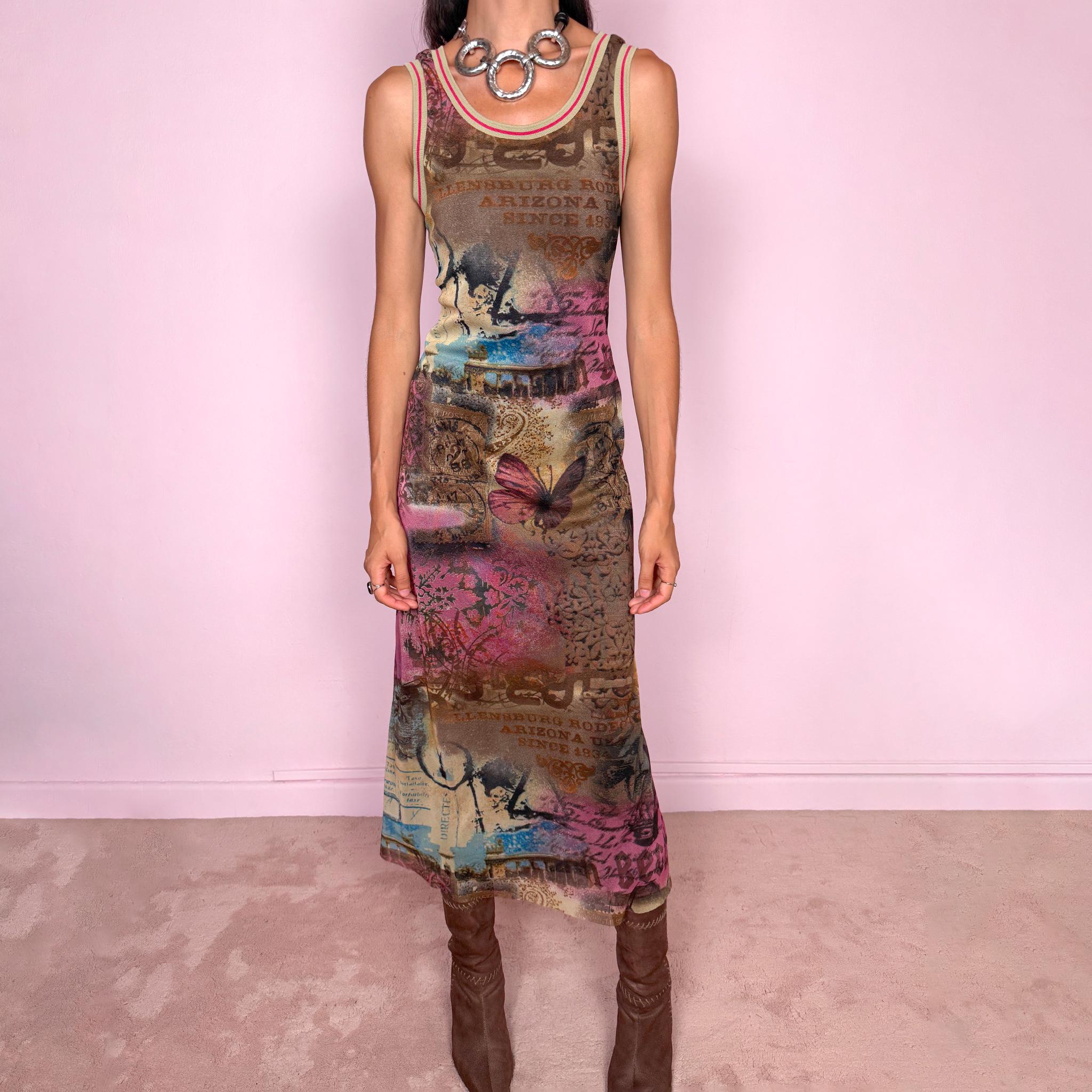 Vintage 2000s fitted sleeveless midi dress in stretchy mesh with a dark mesh lining for a softly sheer layered effect. Featuring a richly layered graphic print in brown, pink, blue, and beige tones, with butterfly imagery, faded architectural motifs, postcard-style typography, and abstract distressed details throughout. Finished with contrast trim at the neckline and armholes, and cut in a long, body-skimming silhouette for a distinctly Y2K art-to-wear, maximalist feel.