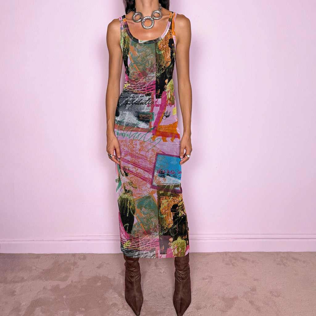 Vintage 2000s fitted mesh midi dress. Featuring a body-skimming sleeveless silhouette with a scoop neckline and a bold maximalist art graphic print in pink, orange, green, blue, and black tones. The lightweight semi-sheer mesh and collage-inspired print give it a distinctly Y2K art-to-wear feel with an avant-garde edge. It has a brown lining. From a French brand, made in France from a stretchy polyamide and polyester blend. Excellent vintage condition.