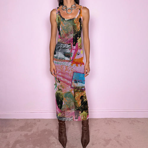 Vintage 2000s fitted mesh midi dress. Featuring a body-skimming sleeveless silhouette with a scoop neckline and a bold maximalist art graphic print in pink, orange, green, blue, and black tones. The lightweight semi-sheer mesh and collage-inspired print give it a distinctly Y2K art-to-wear feel with an avant-garde edge. It has a brown lining. From a French brand, made in France from a stretchy polyamide and polyester blend. Excellent vintage condition.