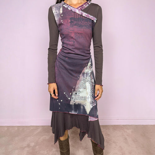 Vintage 2000s avant-garde stretchy mesh dress featuring an abstract layered graphic print in purple and cream tones, with contrasting brown semi-sheer long sleeves, asymmetric neckline detailing, and a dramatic irregular layered hem. The deconstructed style has a distinctly Y2K art-to-wear feel. Made in France by a French brand from polyamide and polyester. Excellent vintage condition.