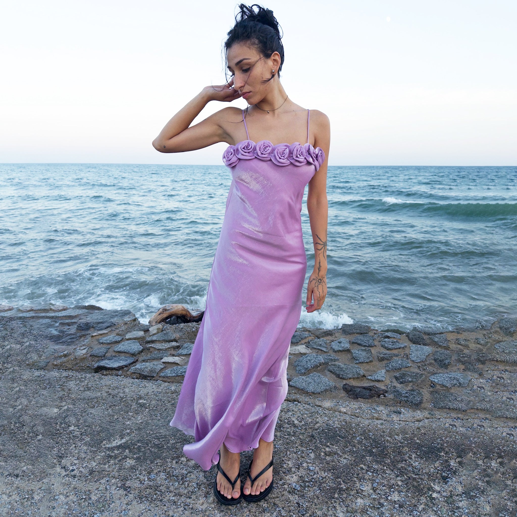 Vintage Pastel Lilac Rosette Slip Maxi Dress (S)