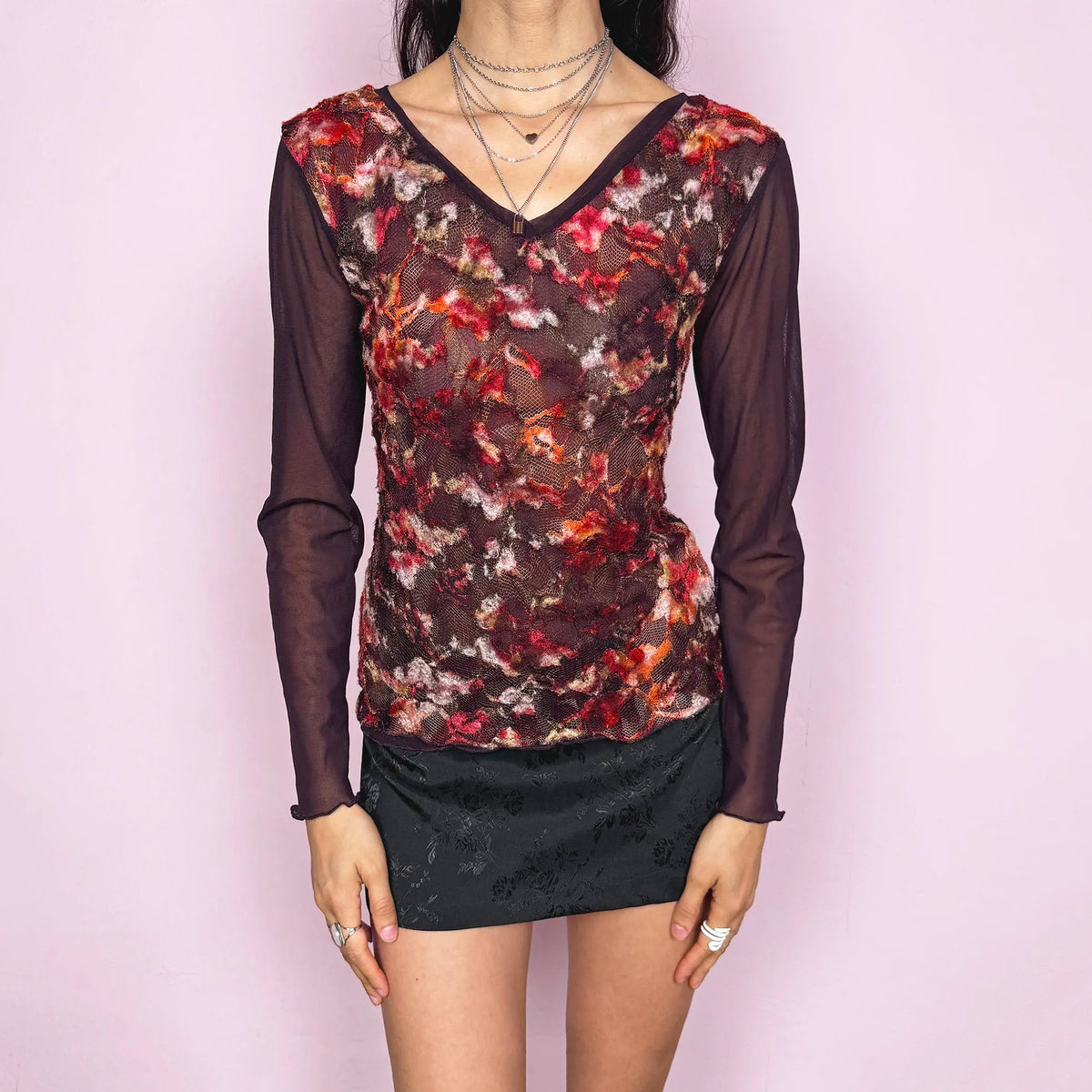 Vintage 2000s romantic dark purple semi-sheer long sleeve top with layered mesh construction and a textured lace overlay in red and burgundy tones. Stretchy with a fitted silhouette, perfect for delicate ethereal fairycore spring styling. Made in France from a polyester blend. Great vintage condition.