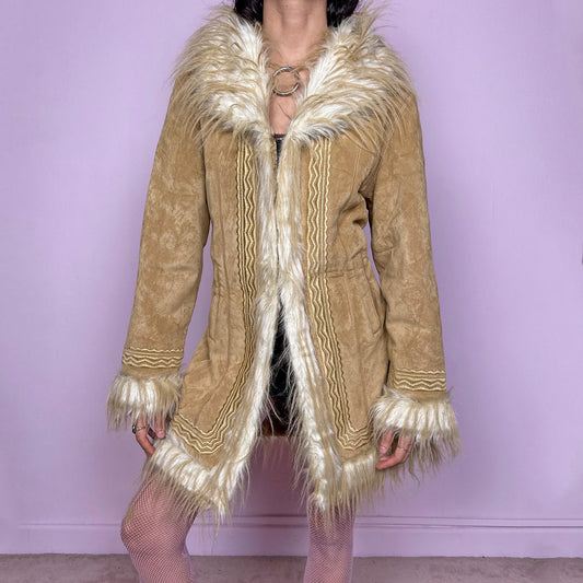 Stunning Afghan-inspired vintage 2000s beige Penny Lane faux fur winter coat with hook front closure, pockets, faux fur collar, cuffs, and interior. Features detailed embroidery and boho 70s-inspired silhouette. Made from polyester. Excellent vintage condition.
