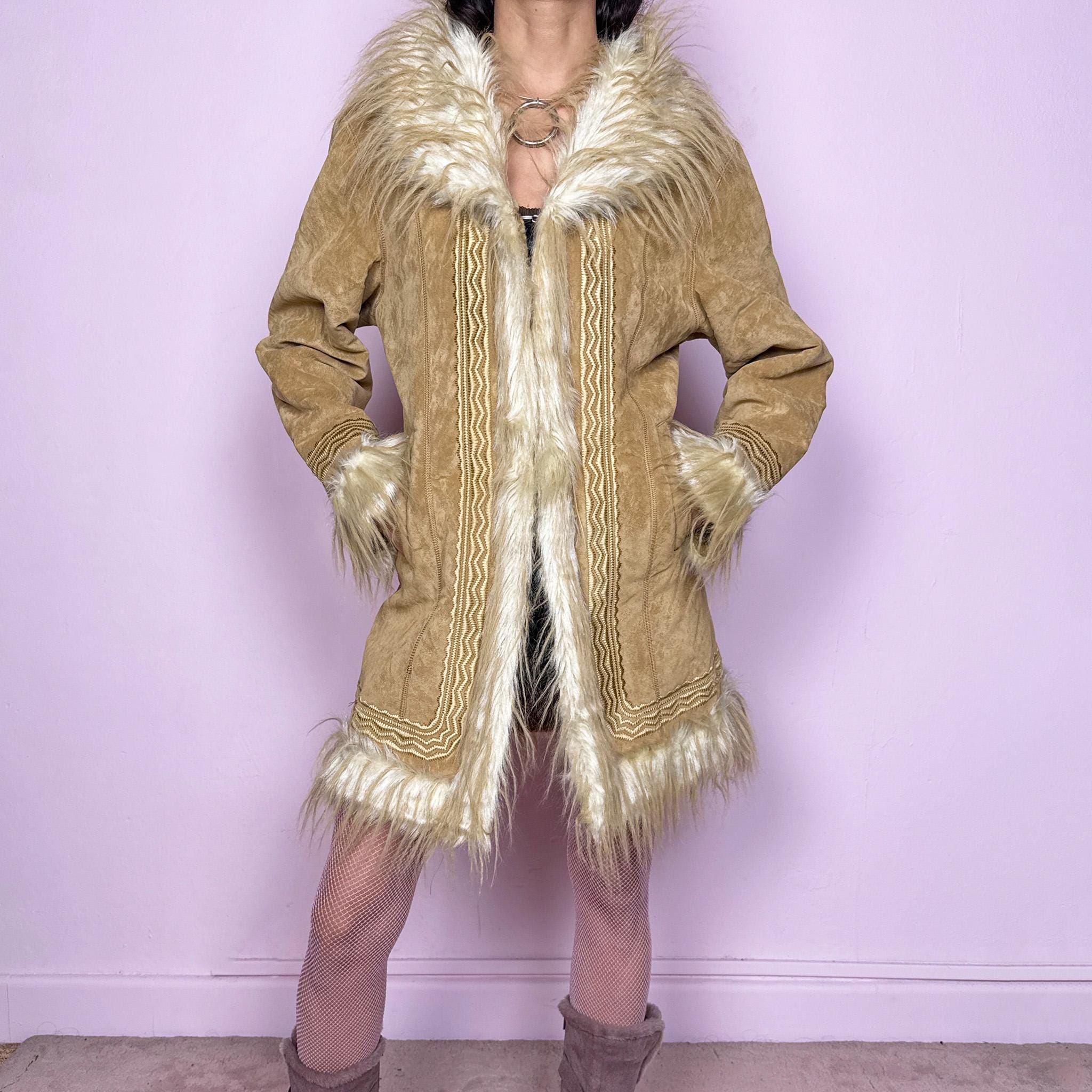 Stunning Afghan-inspired vintage 2000s beige Penny Lane faux fur winter coat with hook front closure, pockets, faux fur collar, cuffs, and interior. Features detailed embroidery and boho 70s-inspired silhouette. Made from polyester. Excellent vintage condition.