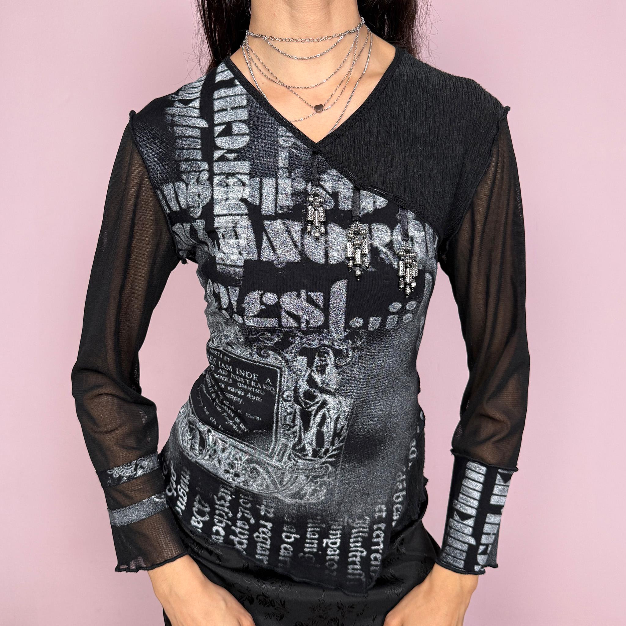 Vintage 2000s black stretchy top with semi sheer mesh long sleeves and beaded details. Features an avant garde deconstructed design with asymmetric layered panels, mixed textures, and bold graphic print throughout. Made in France. Excellent vintage condition.