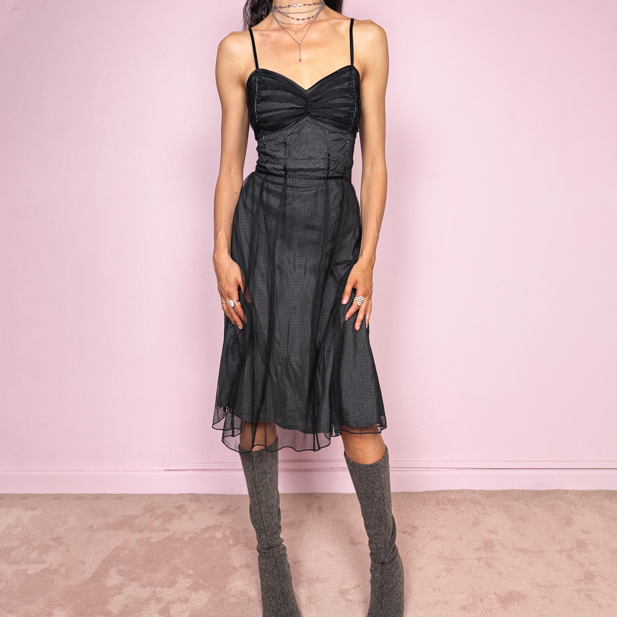 Vintage 2000s dark romantic gray polka dot midi dress with adjustable straps and no stretch. Features a ruched sweetheart bust, back zip closure and black semi sheer mesh tulle overlay for dreamy movement. Elegant body-skimming silhouette perfect for parties, evening dates or night styling. Made from polyester and viscose. Great vintage condition.
