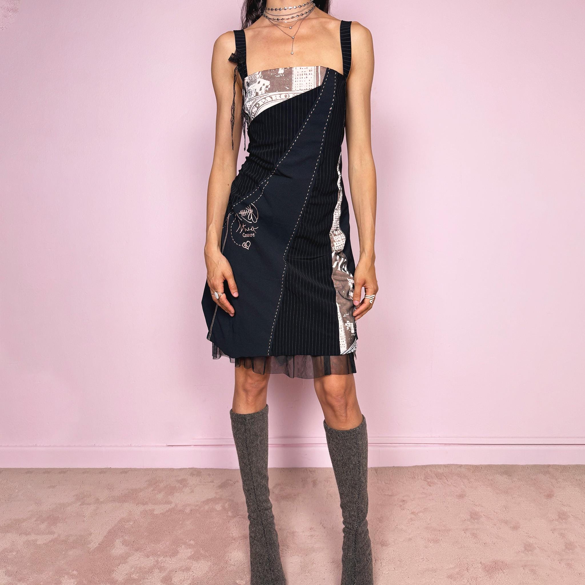 Vintage 2000s deconstructed avant garde black mini dress with paneled patchwork construction. Features pinstripe panels, graphic mesh inserts, ruched details and a ruffle tulle hem for dark weird girl energy. Made by a French brand from polyamide, viscose, polyester and elastane. Great vintage condition.