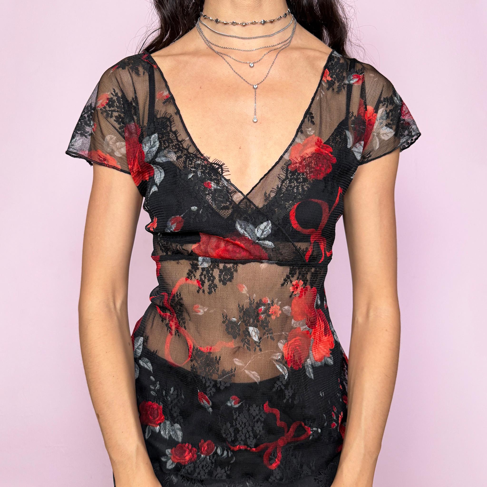 Dark romance vintage 2000s black sheer mesh wrap top with deep V neckline and red rose print. Stretchy fitted silhouette with soft, lightweight feel, perfect for night outs, date looks, or coquette party styling. Whimsical and romantic aesthetic. Excellent vintage condition.