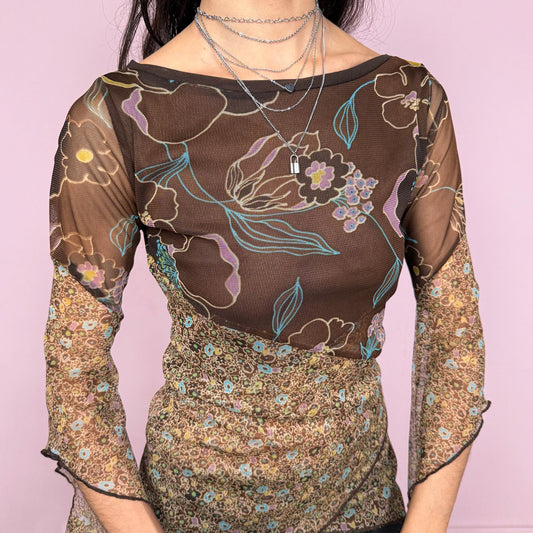 Vintage 2000s whimsical fairycore brown mesh 3/4 bell sleeve stretchy top with an asymmetric hem and two contrasting floral prints. Features a semi sheer lightweight feel with a fitted silhouette and flowing sleeves for a romantic look. Perfect for spring or summer wear. Made by a French brand. Excellent vintage condition.
