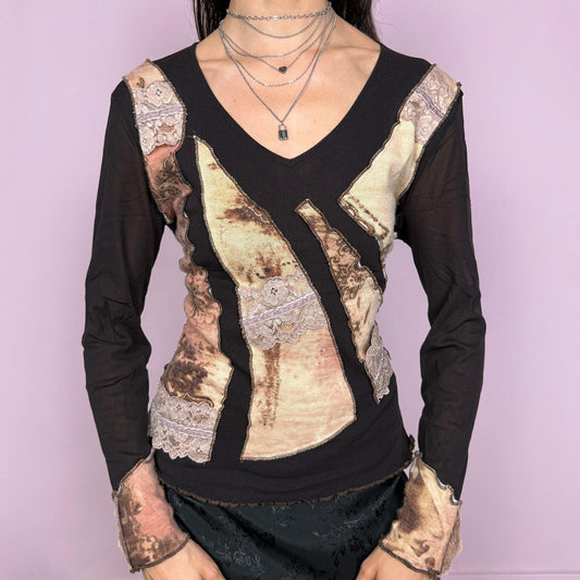 Vintage 2000s avant garde dark brown mesh long sleeve stretchy fitted top with a V-neck and wool appliqué details. Features a semi sheer base with raw edge paneling and textured contrast inserts for a unique deconstructed look. Perfect for spring or autumn layering. Made in Italy. Excellent vintage condition.
