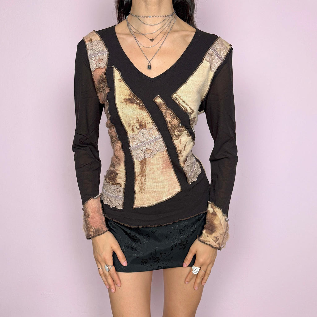 Vintage 2000s avant garde dark brown mesh long sleeve stretchy fitted top with a V-neck and wool appliqué details. Features a semi sheer base with raw edge paneling and textured contrast inserts for a unique deconstructed look. Perfect for spring or autumn layering. Made in Italy. Excellent vintage condition.