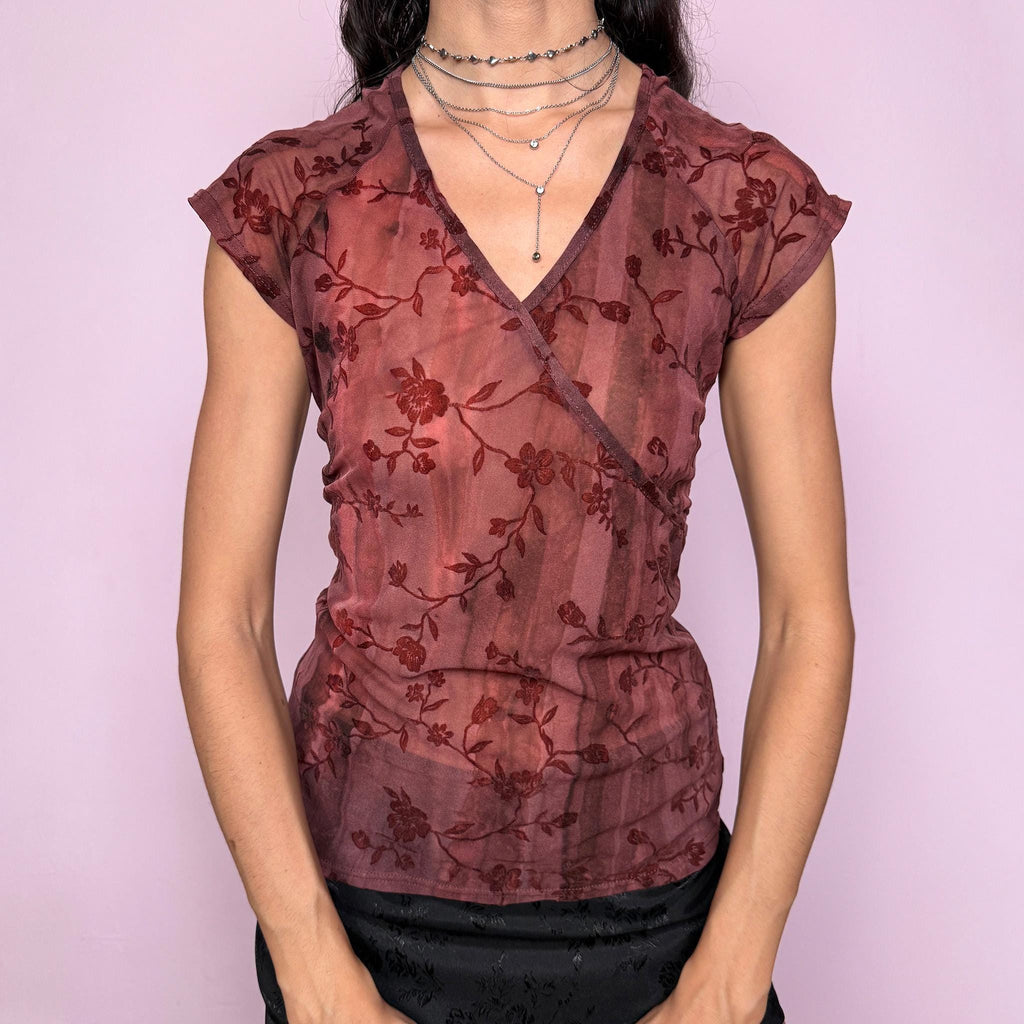 Romantic delicate vintage 2000s burgundy maroon semi sheer devore burnout velvet mesh floral top. Features wrap V neck, stretchy fit, and short sleeves. Whimsical fairycore and avant garde design, ideal for summer styling and statement looks. Excellent vintage condition.
