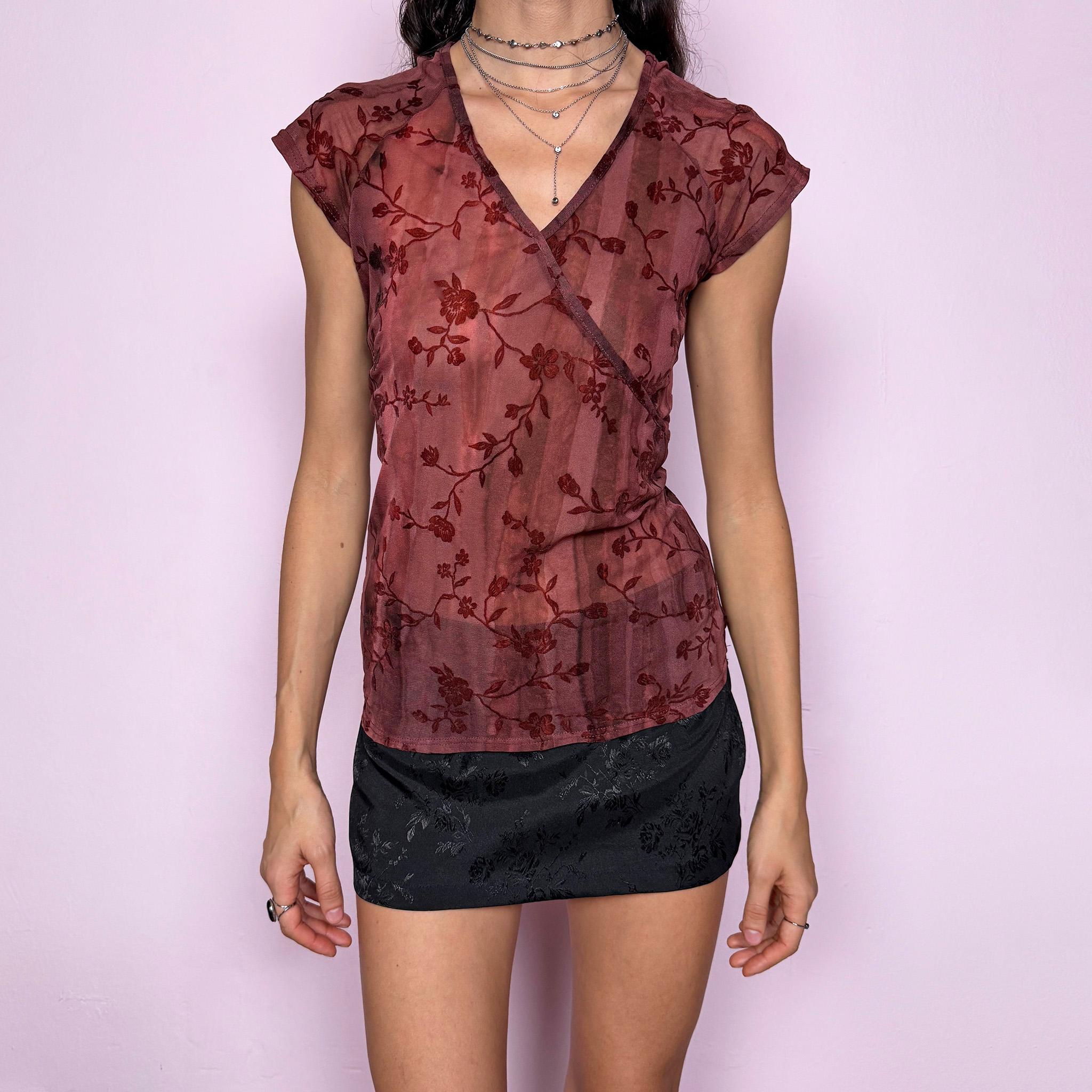 Romantic delicate vintage 2000s burgundy maroon semi sheer devore burnout velvet mesh floral top. Features wrap V neck, stretchy fit, and short sleeves. Whimsical fairycore and avant garde design, ideal for summer styling and statement looks. Excellent vintage condition.