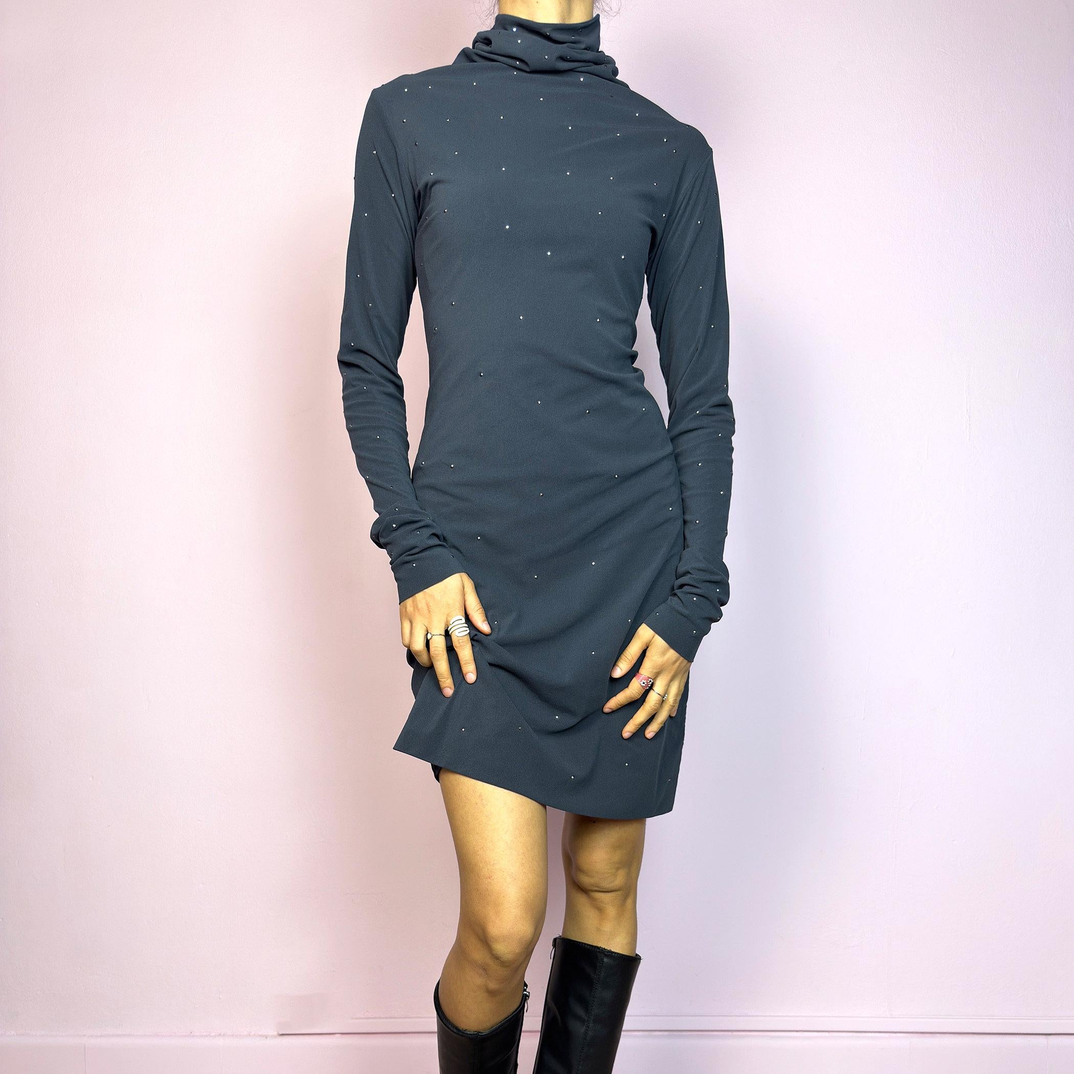 割引発見 Gray Y2K Vintage Turtleneck Rhinestone Dress, Mini Mesh ワンピース