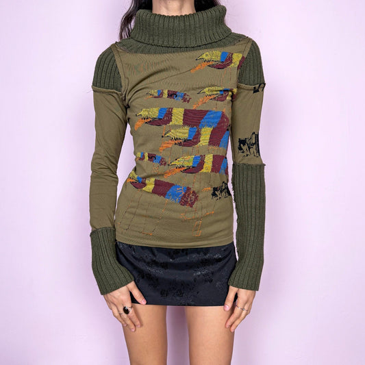 Avant garde vintage 2000s khaki green deconstructed long sleeve top with a knit turtleneck, ribbed knitted cuffs, and patchwork construction. Features multicolored embroidered details with a futuristic dystopian weird girl aesthetic. Ideal for autumn or winter statement layering. Made in Portugal from a stretchy polyamide blend by Desigual. Great vintage condition.