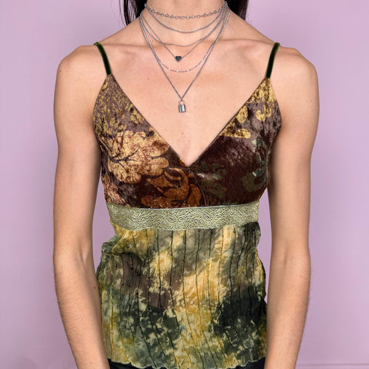 Vintage 2000s boho fairycore V-neck cami top with a stretchy fit, featuring a semi sheer panel in green and yellow tie dye and a brown floral velvet bust panel. Designed with a soft flowing silhouette and contrasting textures for a unique look. Perfect for summer, holiday, or vacation wear. Made from 45% cotton with polyester and elastane blend by a Spanish brand. Excellent vintage condition.