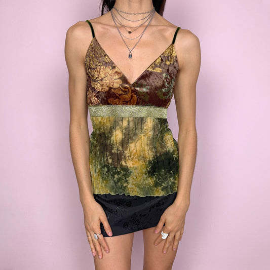 Vintage 2000s boho fairycore V-neck cami top with a stretchy fit, featuring a semi sheer panel in green and yellow tie dye and a brown floral velvet bust panel. Designed with a soft flowing silhouette and contrasting textures for a unique look. Perfect for summer, holiday, or vacation wear. Made from 45% cotton with polyester and elastane blend by a Spanish brand. Excellent vintage condition.