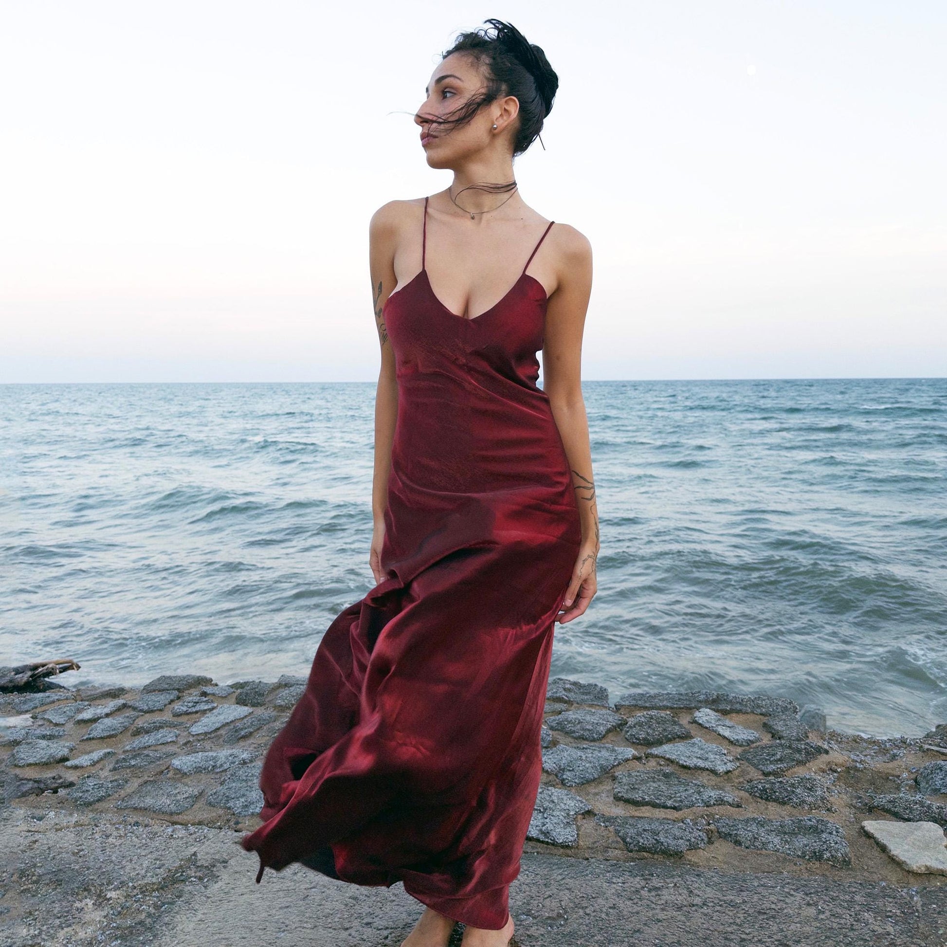 Vintage Y2K Maroon Burgundy Slip Midi Dress – Size S – Wanda Core