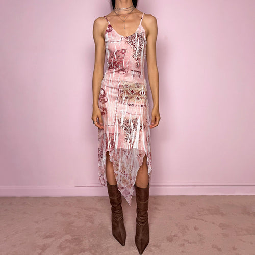 Vintage 2000s slip dress with thin straps, a fitted body-skimming silhouette, pink and burgundy abstract bohemian print over a white crinkle-textured base, semi-sheer lightweight fabric and a dramatic asymmetric handkerchief hem. Dreamy fairy grunge Y2K statement dress with a romantic summer feel. Made in France from a polyester-elastane blend. Excellent vintage condition.