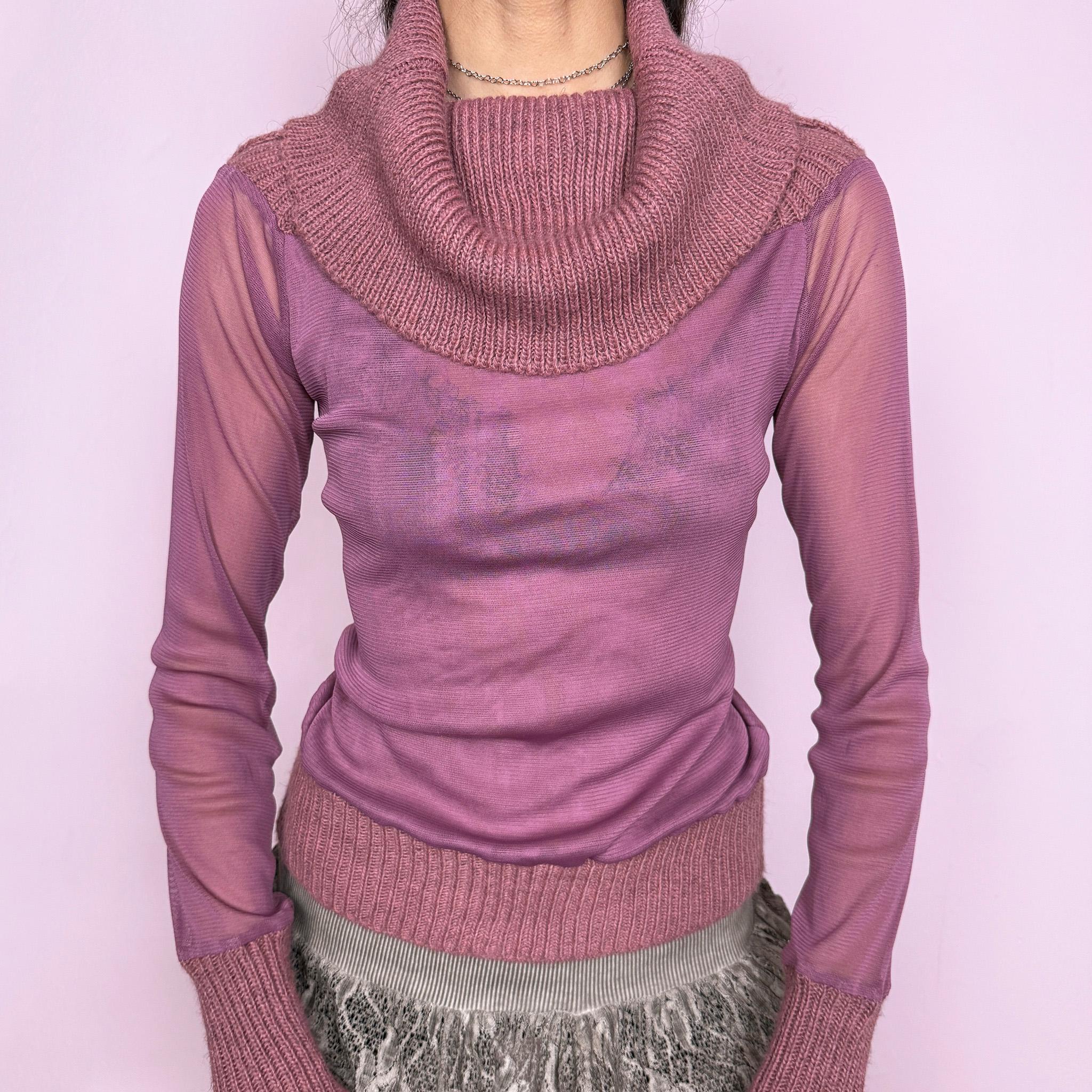 Vintage 2000s semi-sheer muted pink bimaterial top made in Italy with a soft stretchy mesh body and sleeves, ribbed knit trims, long fitted cuffs, and dramatic oversized cowl neckline. Ideal for deconstructed avant-garde layered Y2K looks or elevated everyday styling. Mesh made from 100% polyamide. Knit blend made from 75% acrylic, 10% wool, 10% viscose, 5% alpaca. Excellent vintage condition.
